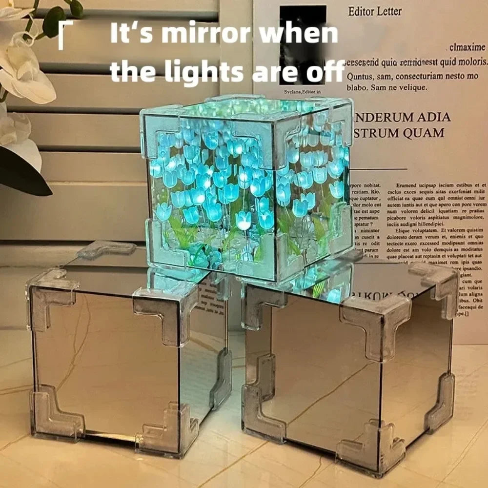 2025 DIY Tulip Sea Rubik's Cube Mirror Night Light Car Decoration Materials Handmade Birthday Gifts for Friends and Colleagues