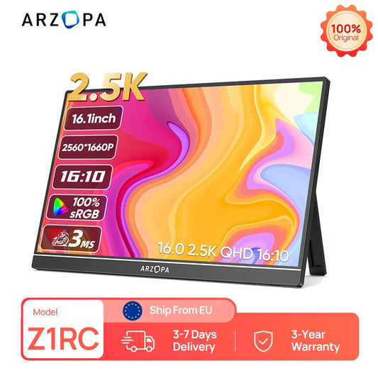 ARZOPA 16inch 2K Portable Monitor 16:10 IPS Screen with type-c mini hdmi Second Display for MAC/Laptop/PC/Xbox/PS4/5/Switch,Z1RC