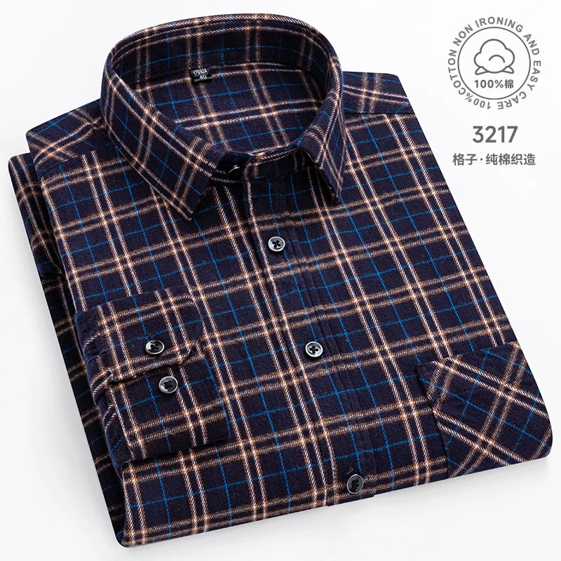 Men Fashion Long Sleeve Brushed Flannel Shirt Single Pocket Comfortable 100% Cotton Casual Slim Fit Button-down Plaid Shirts 8XL