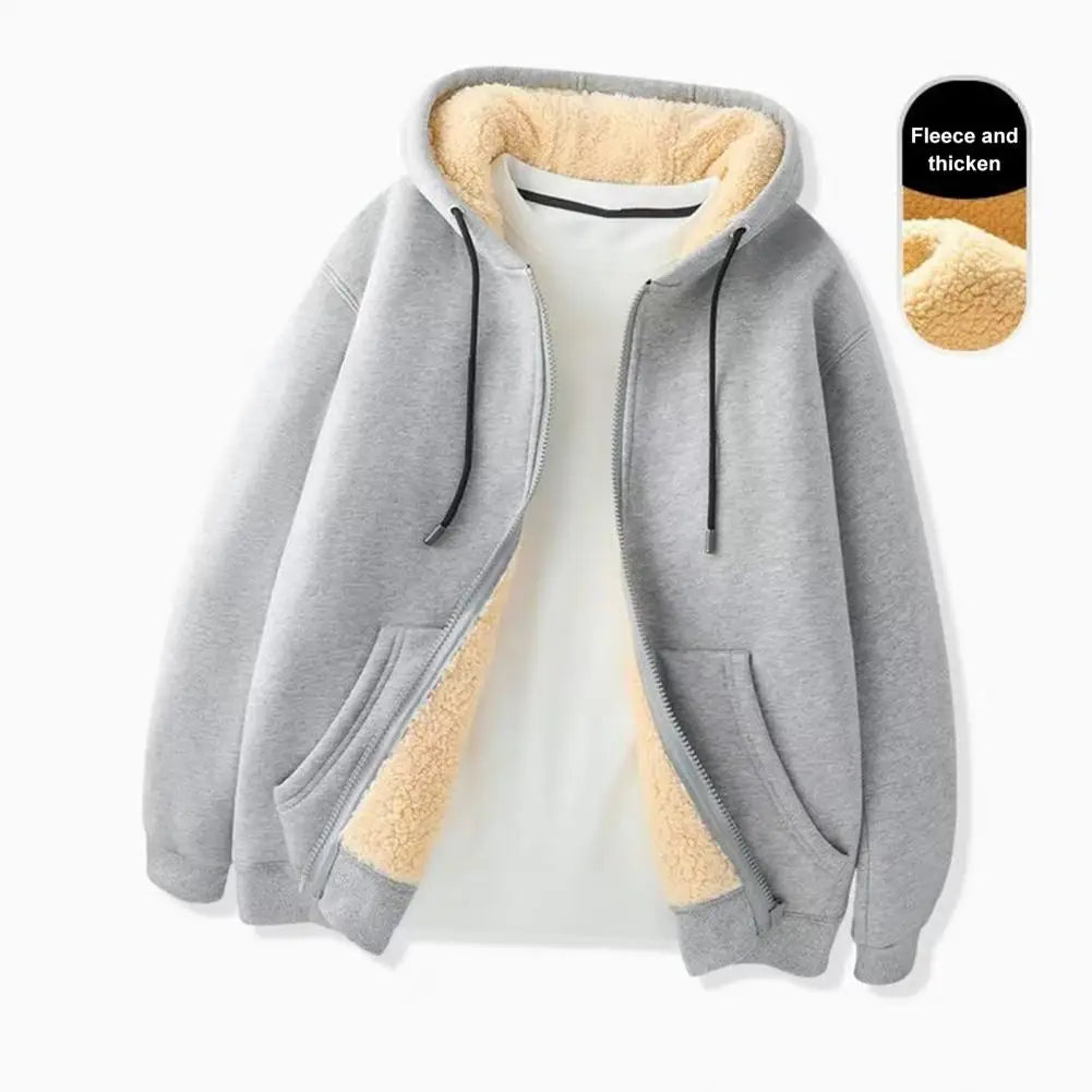 2024 Trendy Sweatshirt Coat Front Pockets Warm Zipper Lamb Wool Jacket Men Woman Winter Pure Color Plush Lined Cardigan Hoodie