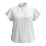 Gadinus Plus Size Women's Flutter Sleeve Blouse Ruffle Collar Button Front Loose Fit Curved Hem Tunic Top