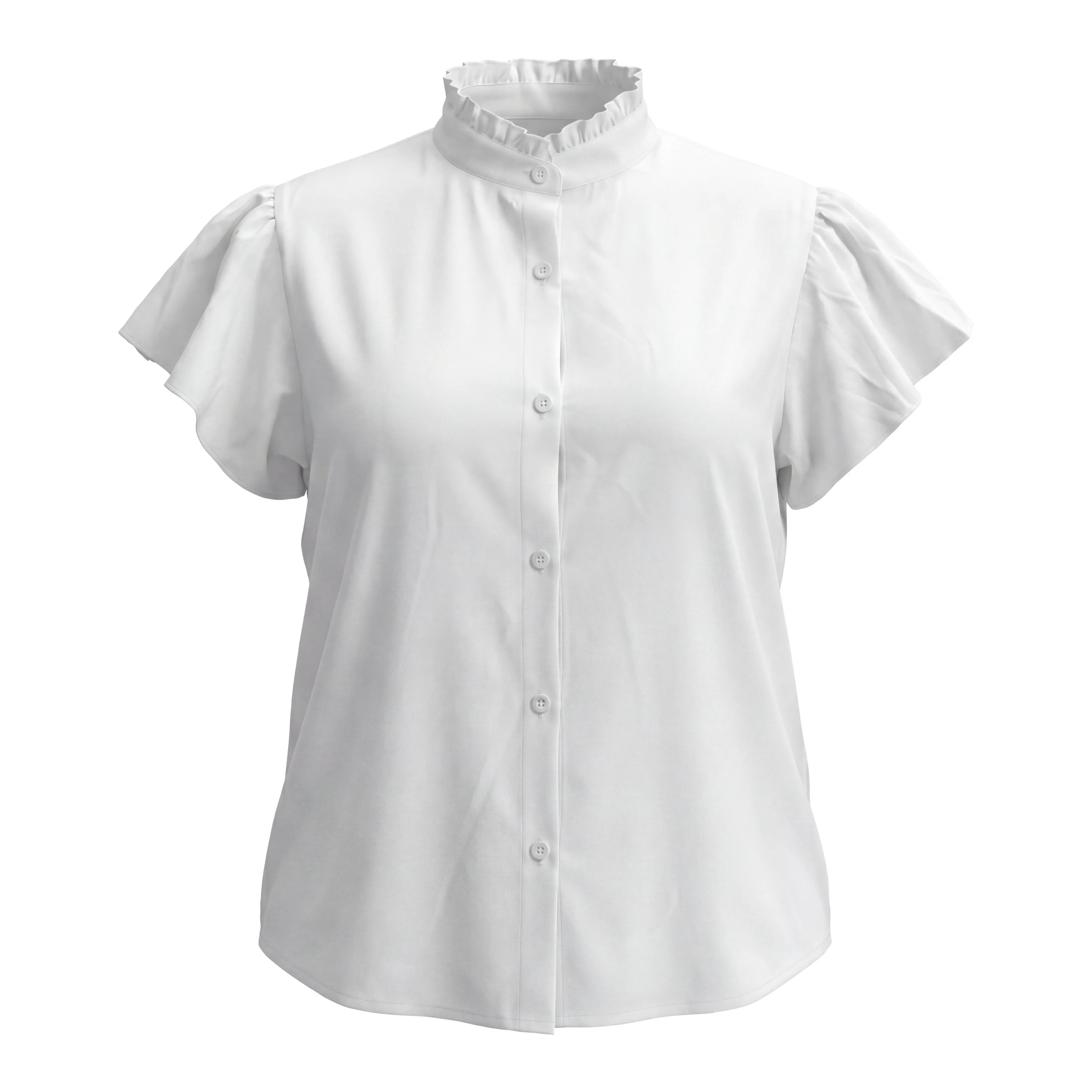 Gadinus Plus Size Women's Flutter Sleeve Blouse Ruffle Collar Button Front Loose Fit Curved Hem Tunic Top