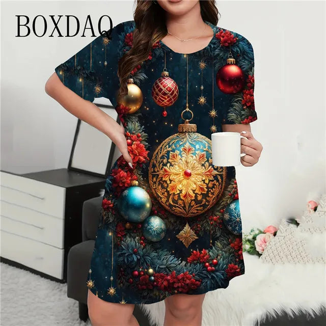 Vestido mini con estampado navideño para mujer, cuello redondo, manga corta, corte A, suelto, talla grande, ropa informal de verano, moda 9XL 