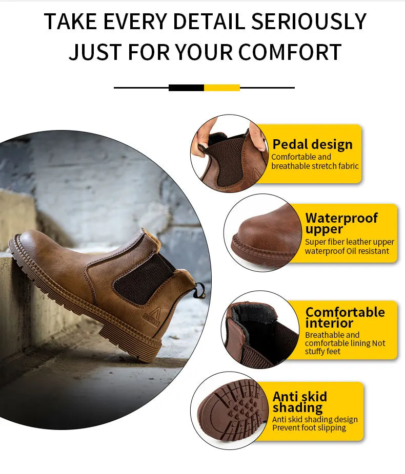 Latest 2023 Waterproof Men Leather Boots Steel Toe Cap Safety Work Shoes Anti Smashing Indestructible Construction Welding Boots