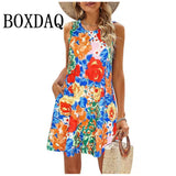 Women Beach Vacation Dress Women Summer Casual Tank Sleeveless Flowers Printed Mini Dresses Fashion Loose Plus Size Clothes 9XL