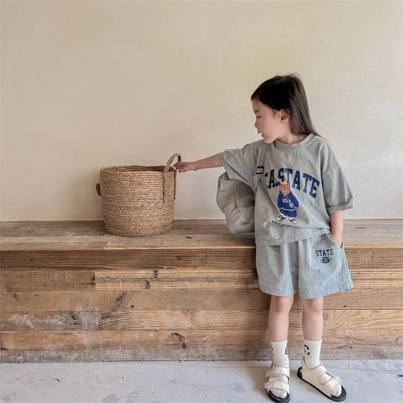 2pcs Summer Baby Clothes Set Children Boy Girl Cartoon Bear T-shirts and Shorts Suit Kid Casual Top Bottom Outfits Tracksuits