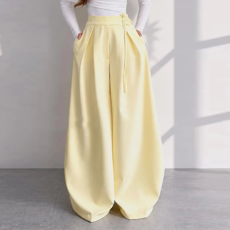 Solid Yellow Pant 2 Piece Set Women's Full Sleeves Buttons Waist-cinching Coats Wide-leg Trousers 2026 New Ladies Autumn Outfit