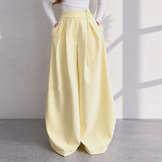 Solid Yellow Pant 2 Piece Set Women's Full Sleeves Buttons Waist-cinching Coats Wide-leg Trousers 2026 New Ladies Autumn Outfit
