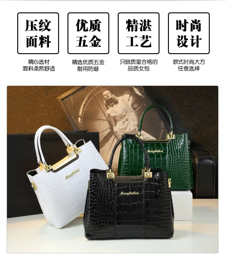 2023 New Luxury Crocodile Bag for Women Casual Tote High Quality Patent Leather Shoulder Purses Elegant Dinner Noble Purse Black