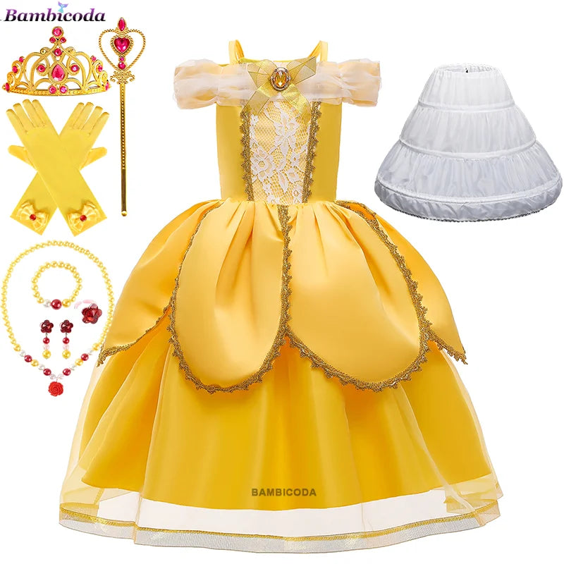 2025 Cosplay Belle Princess Dress Girls Dresses For Beauty and beast Party Clothing Magic stick crown Costume 3-12Y