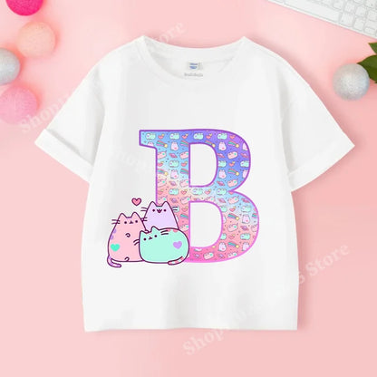 Pusheens Short Sleeve T-shirt for Girls from A to Z, Anime Cat, Summer Clothes, Outdoor Sport, New, Gift for Kids, Special Sale 