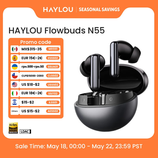 HAYLOU Flowbuds N55 Wireless Earbuds 54dB Adaptive ANC Bluetooth 6.0 LDAC Hi-Res Audio 6-Mic HD Call Earphones 40H Playback IPX5
