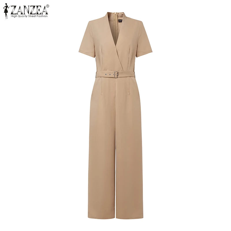 ZANZEA Street Fashion High Waist Jumpsuits Women Workwear Belt Rompers Solid Deep V Neck Elegant Office Lady Long Overalls