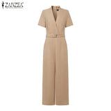 ZANZEA Street Fashion High Waist Jumpsuits Women Workwear Belt Rompers Solid Deep V Neck Elegant Office Lady Long Overalls