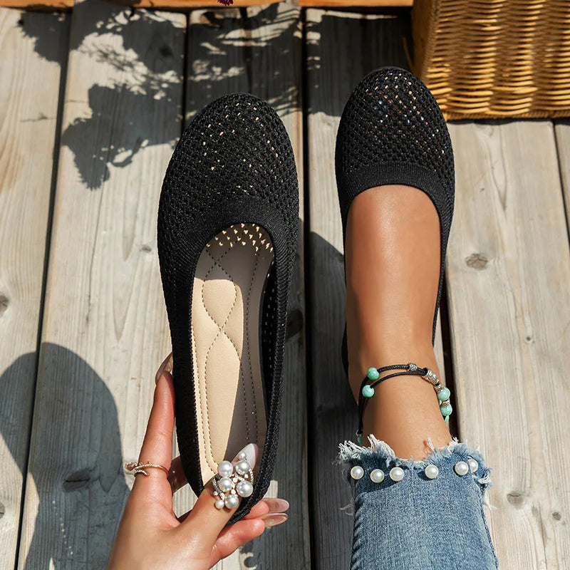 Cross-Border New Solid Color Round Toe Feizhi Flat Ballet Flats Women Casual Breathable Knit Slip-On Work Shoes