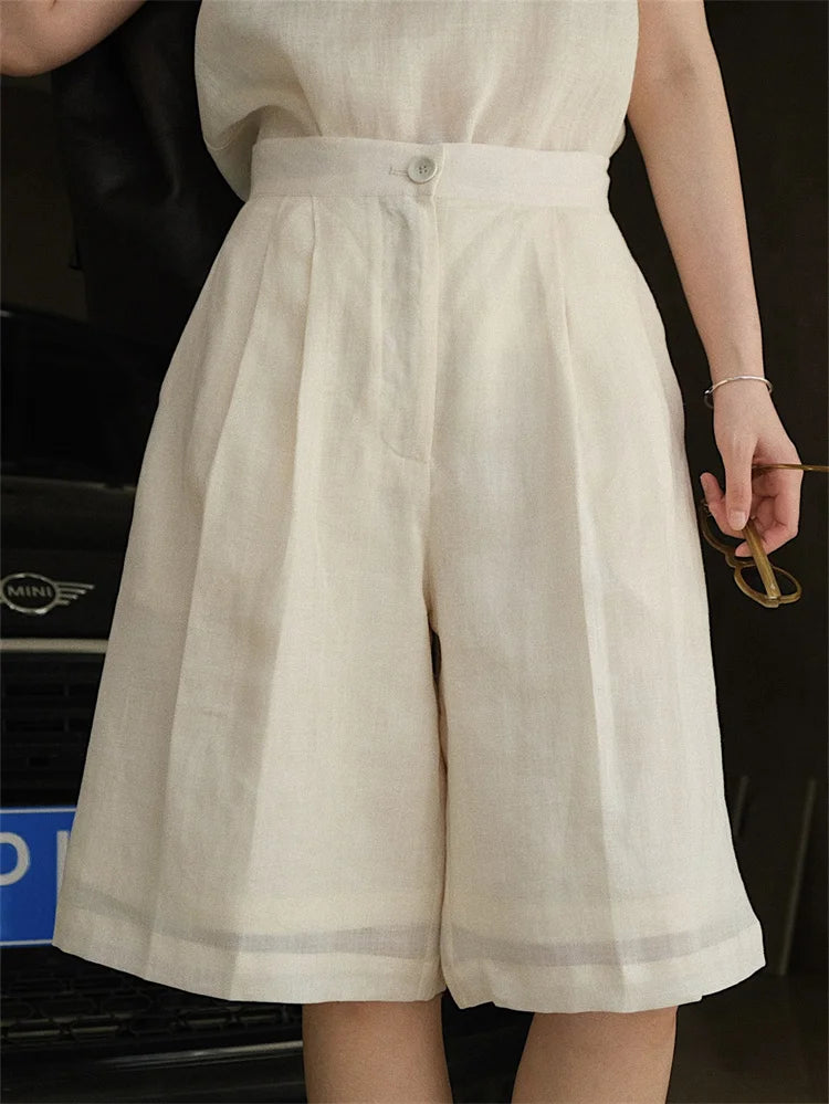 HanOrange 2024 Summer Lazy Linen Casual Knee Length Pants Women Loose Thin Anti-transparent A-line Profile Five Cents Trousers