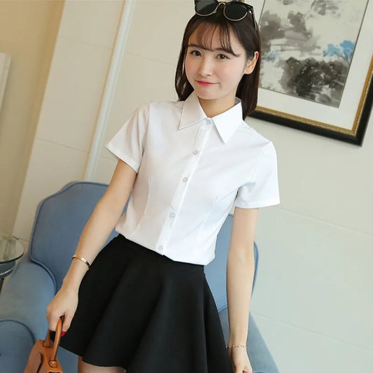 Camisa blanca de moda coreana para mujer, blusa de manga corta de otoño, blusa ajustada para oficina, camisa para mujer, camisa para estudiante S-5XL, ropa para mujer