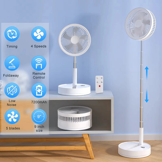 Wireless Folding Desk Fan Telescopic Outdoor Travel Camping Floor Low Noise Fan With 7200 mAh USB Rechargeable Fan Standing Fan