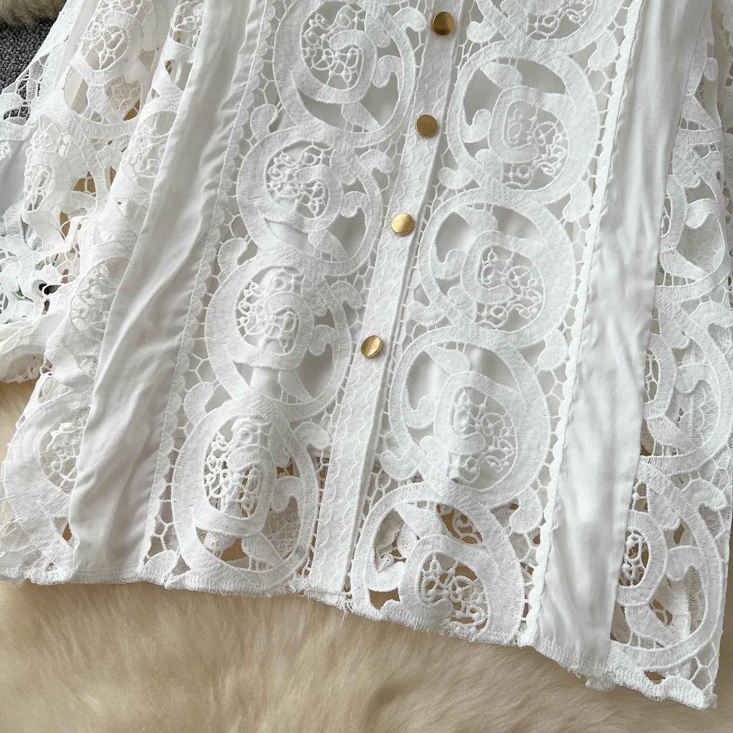 Autumn Crochet White Lace Embroidery 3 Pieces Sets Women Dress Suits Hollow Out Loose Shirt Top Elastic Waist Maxi Skirt Suit