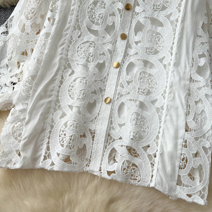 Autumn Crochet White Lace Embroidery 3 Pieces Sets Women Dress Suits Hollow Out Loose Shirt Top Elastic Waist Maxi Skirt Suit