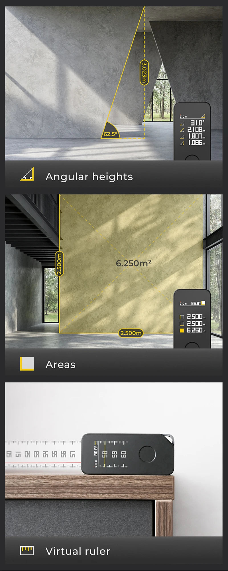 HOTO Smart Laser Measure Pro LED Display Intelligent Digital Laser Tape Measuring Tool Rechargeable Laser Ruler Rangefinder