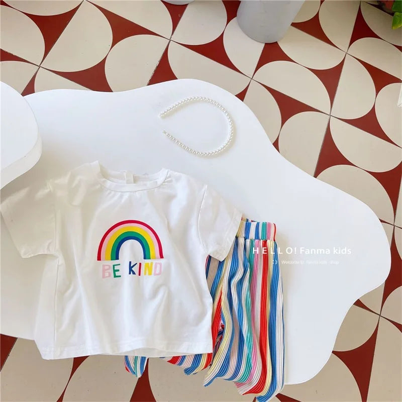 Baby Girls Tops Sets Kids Short-Sleeved Top Striped Trousers 2 Pieces Summer Rainbow Suit New Children's Fashion Casual Outfit