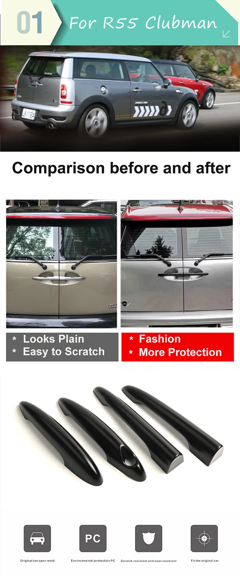 Black For Mini Cooper One D S JCW R55 Clubman 4Doors 2007-2014  Door Handle Covers Stickers Car-Styling Exterior Accessories