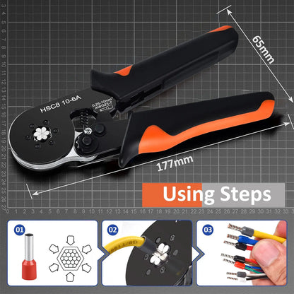 Kit de crimpadora de casquillos hexagonales autoajustables con trinquete, 23-7 AWG, 0,25-10 mm², con terminales de cable y casquillos
