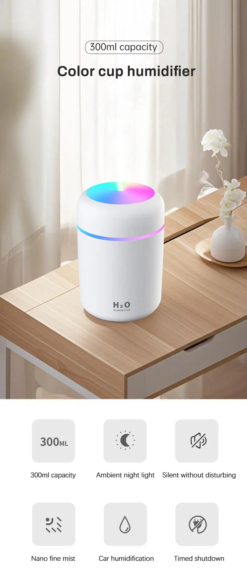 300ml Aromatherapy Diffuser Humidifier Air Purifier Car Home Use Seven-color Light Aromatherapy Essential Oil
