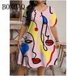 2024 moda feminina vestido pintado arte rosto streetwear padrão impressão vestido de verão casual manga curta vestidos soltos plus size 9xl