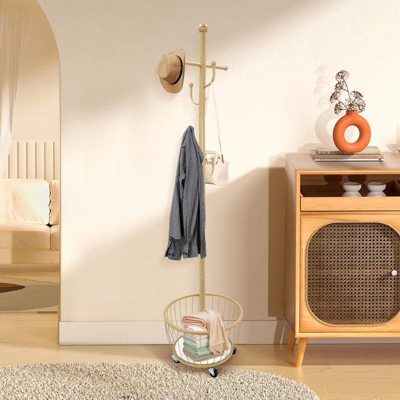 Perchero organizador de pie para abrigos y sombreros con rueda móvil, perchero para entrada con cesta de almacenamiento, herramientas elegantes para el hogar