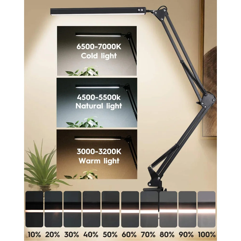 LED Desk Lamp with Clamp 10W Swing Arm Desk Lamp Eye-Caring Dimmable Desk Light with 10 Brightness Level, 3 Lighting Modes