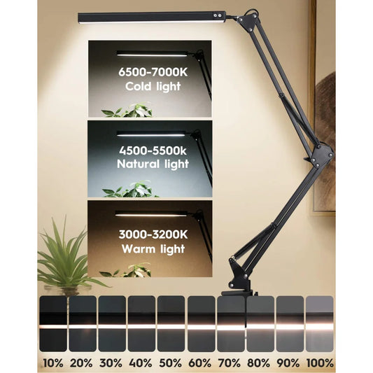 LED Desk Lamp with Clamp 10W Swing Arm Desk Lamp Eye-Caring Dimmable Desk Light with 10 Brightness Level, 3 Lighting Modes