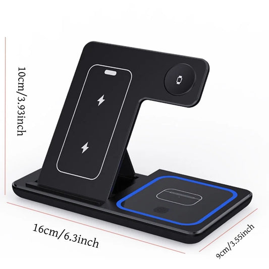 Cargador inalámbrico rápido LED de 30 W, estación de carga plegable 3 en 1 para iPhone 15, 14, 13, 12, 11, Apple Watch 9, 8, 7, 6, 5 y Airpods Pro