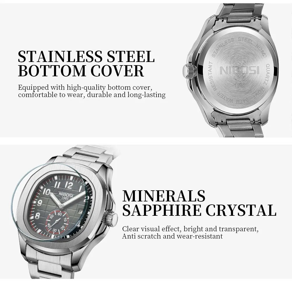 NIBOSI Luxury Men‘s Watches Business Waterproof Male Clock Luminous Silicone Band Date Square Quartz Man Watches Reloj Hombre