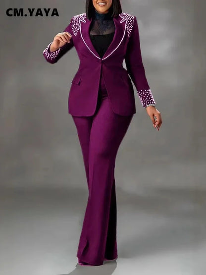 CM.YAYA Conjunto de dos piezas de chaqueta de manga larga y pantalón ancho para mujer, con empalme de perlas, para invierno y otoño de 2024
