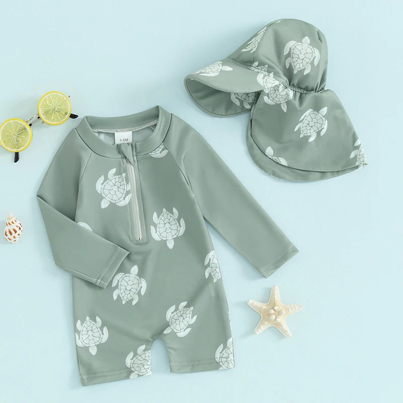 Traje de baño Tregren para niños pequeños, de manga larga, con estampado de tortuga y dinosaurio, con gorro de baño y ropa de playa.