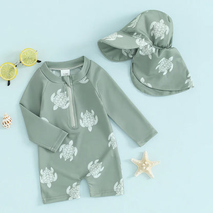 Traje de baño Tregren para niños pequeños, de manga larga, con estampado de tortuga y dinosaurio, con gorro de baño y ropa de playa.