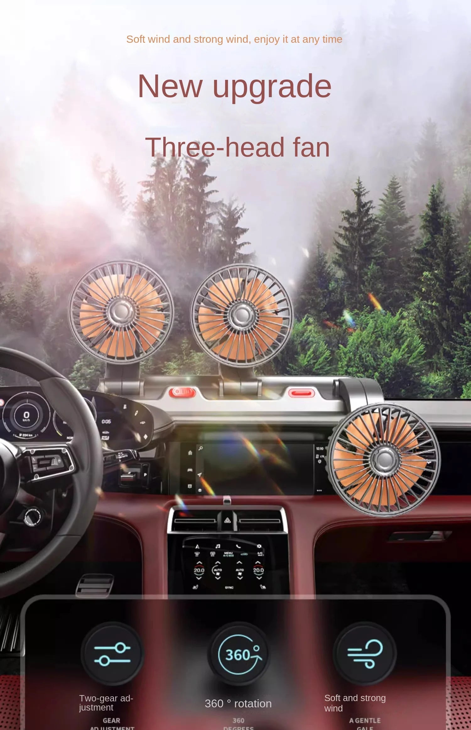 Car Fan 360° Adjustable 3 Head Air Fan Automotive Electric Fan USB/12V/24V Fan 2 Speeds Car Silent Fan For Home Desk Office&amp;Car