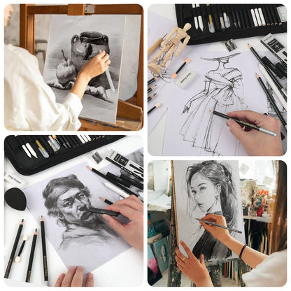 20/54/58/70/144 Drawing And Sketching Kit | Portable Travel Case | Graphite, Charcoal, White Color | Featuring Blending Stump