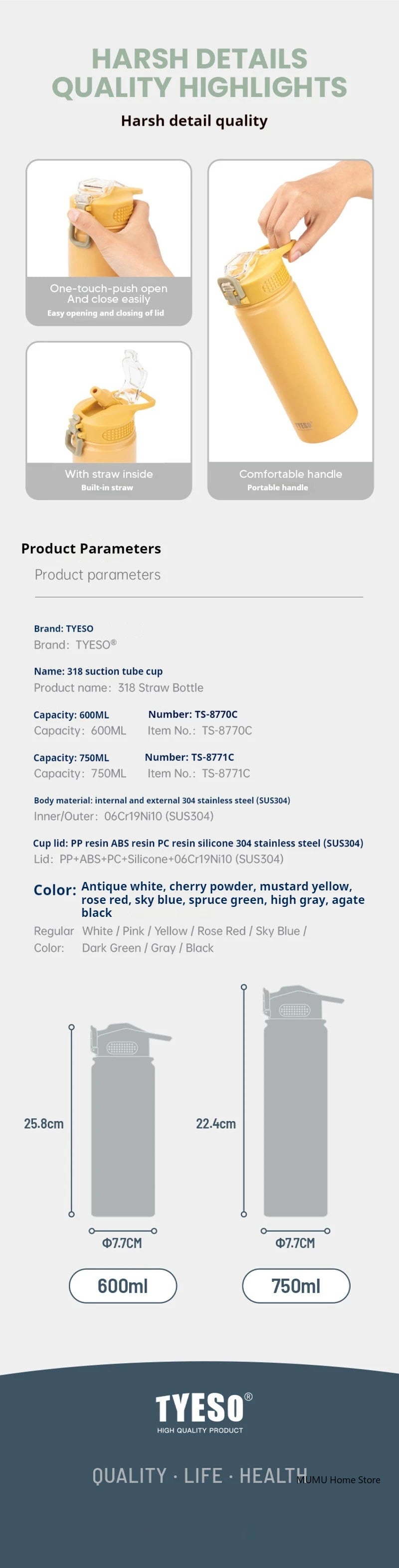 Tyeso 600/750ML Stainless Steel Thermo Bottle Car Thermal Cup Sports Water Bottles Keep Cold and Hot Vacuum Flasks Insulated Cup