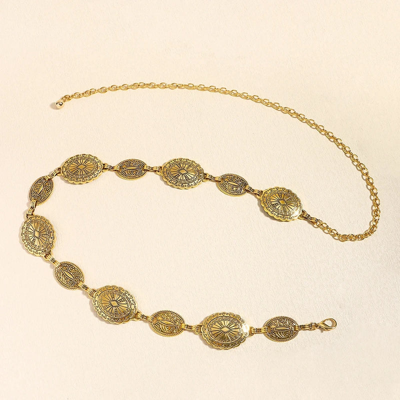 1/2pcs Retro Style WOMEN'S Metal Waist Chain Accessories Decorative Circle Carved Chain Belt High Style Accessories