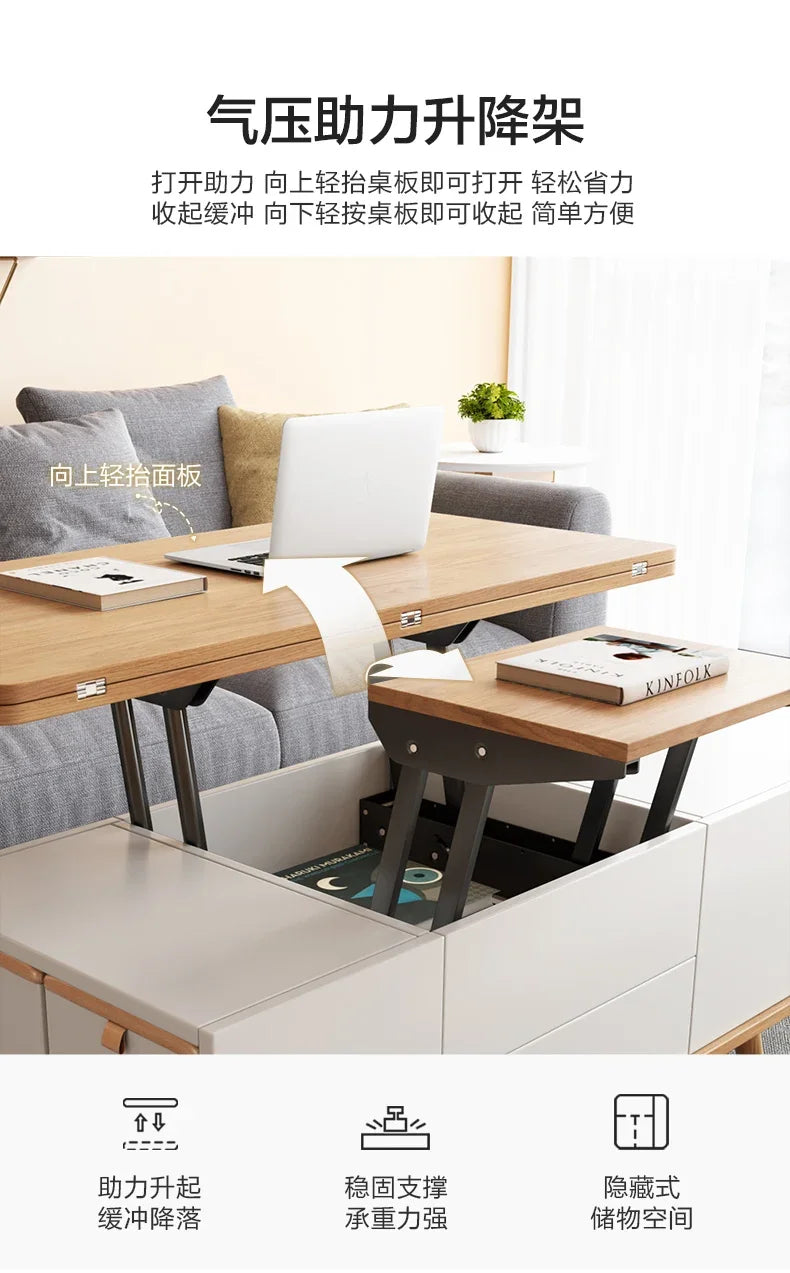 Mesa de centro elevable con almacenamiento Trau, blanca, alta, moderna, nórdica, minimalista, para apartamento, muebles para el hogar