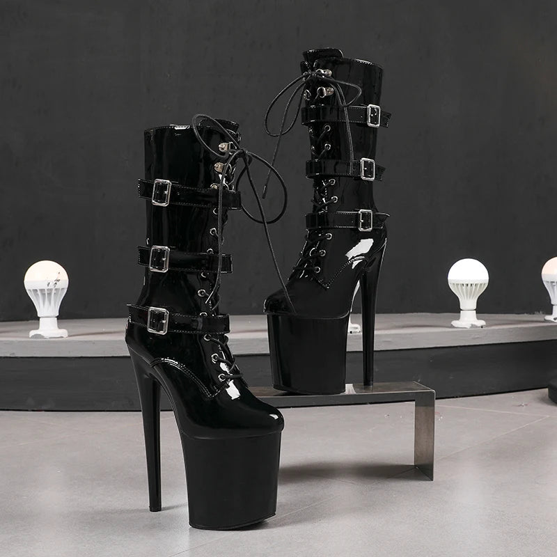Nightclub Platform Women's Shoes 8 Inch Pole Dancing Pumps 20CM Thin High Heels Mid Tube Boots Design Buckle Sexy Stripper Show