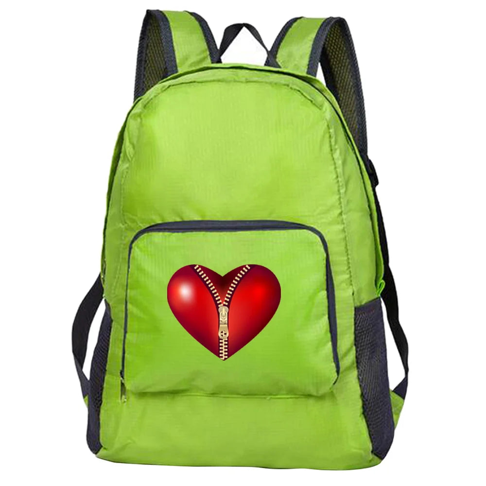 Outdoor Travel Lightweight Portable Foldable Backpack Love Print Folding Green Bag Ultralight Pack for Women Men Hiking Daypack