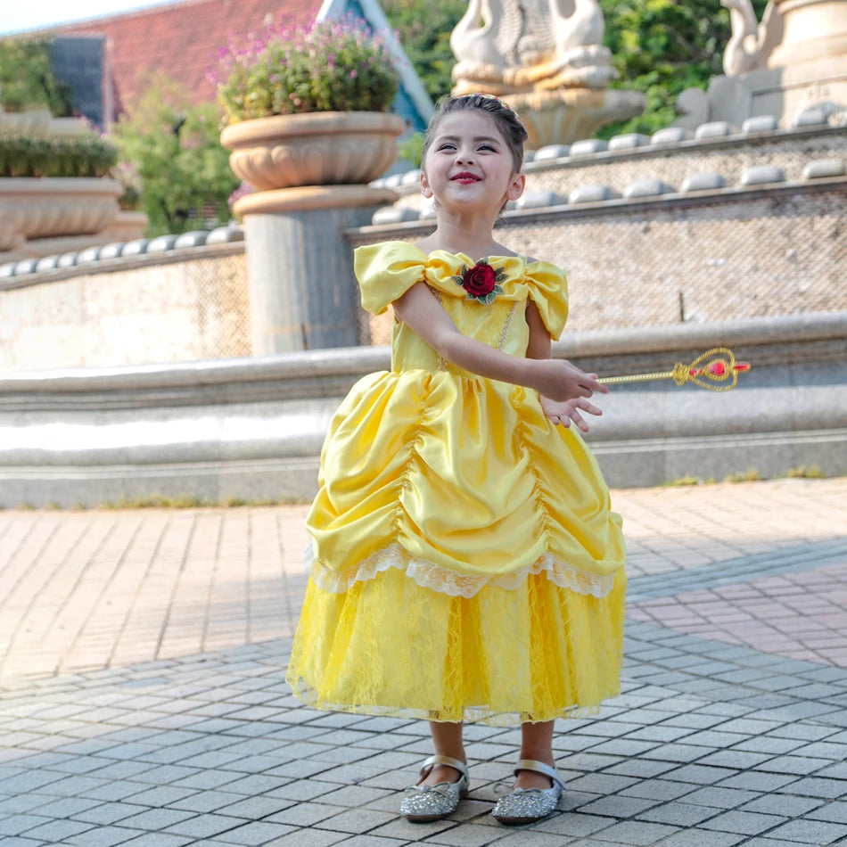 Kids Belle Cosplay Party Princess Dress Beauty Beast Princess Clothes Halloween Event Festival Party Flowers Print Costume