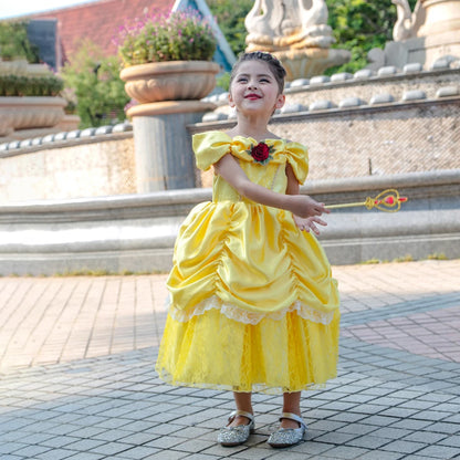 Kids Belle Cosplay Party Princess Dress Beauty Beast Princess Clothes  Halloween Event Festival Party Flowers Print Costume