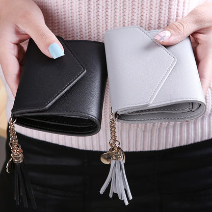 Carteras cortas de moda para mujer, de piel sintética, de lujo, con borlas, con broche, monedero pequeño, tarjetero