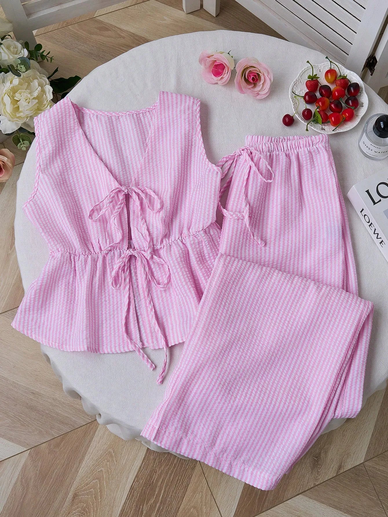 Women's Sets Two 2pcs Sale Summer V Neck Sleeveless Lace Up Vests&High Elastic Waist Striped Wide Leg Pant Suits OUYW-25014