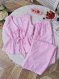 Women's Sets Two 2pcs Sale Summer V Neck Sleeveless Lace Up Vests&High Elastic Waist Striped Wide Leg Pant Suits OUYW-25014